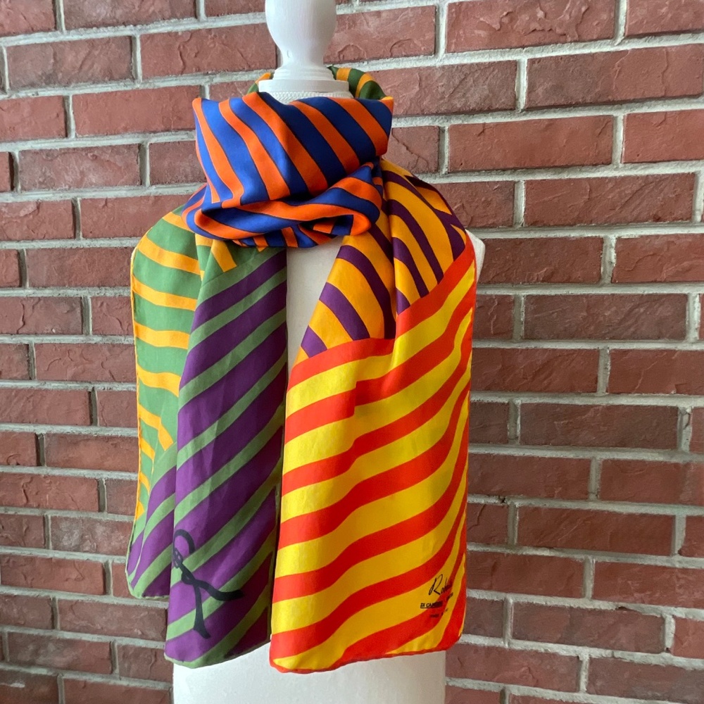 Roberta di Camerino Rare Vintage Graphic Signed Silk Scarf Hand-Rolled 16”x65”